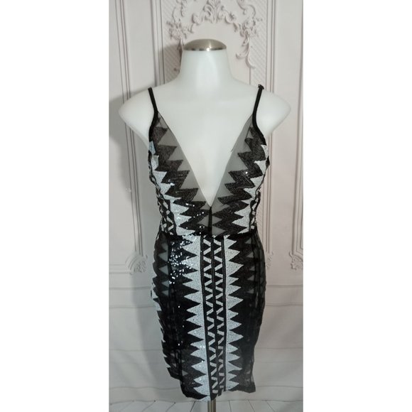 Geometric Deep Plunge V-Neck Sheer Split Bodycon Sequin Party Club Dress Sz M - Picture 2 of 9
